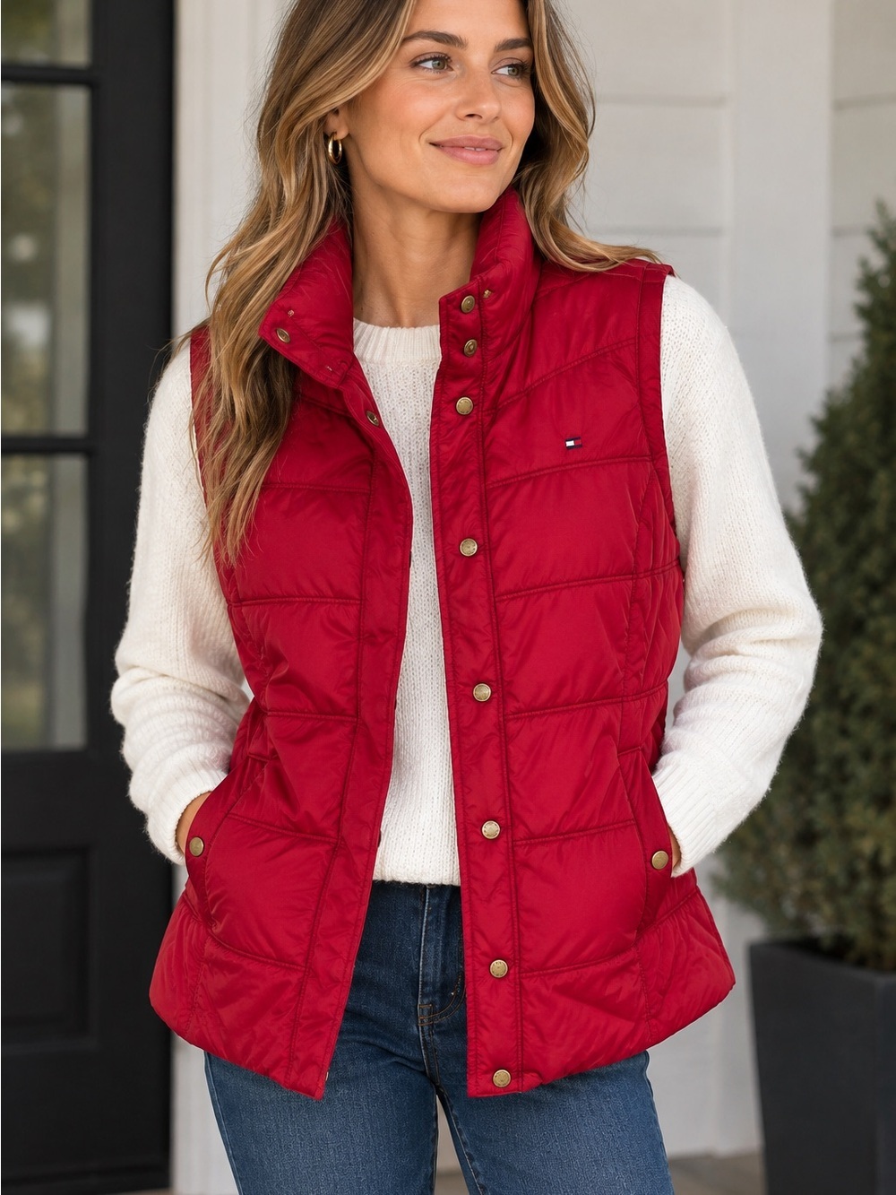 Tommy Hilfiger Red Quilted Snap-Front Puffer Vest